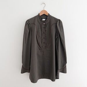 Vintage Peruvian Connection Striped Ruffle Neck Popover Blouse Boho Prairie Top